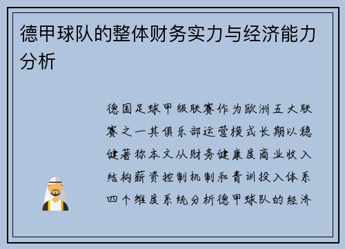 德甲球队的整体财务实力与经济能力分析